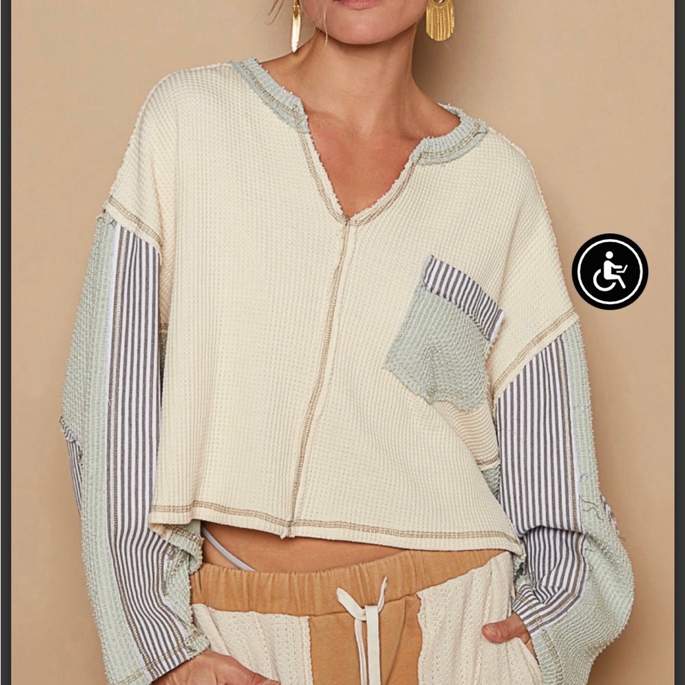 POL Striped Patchwork Long Sleeve Top